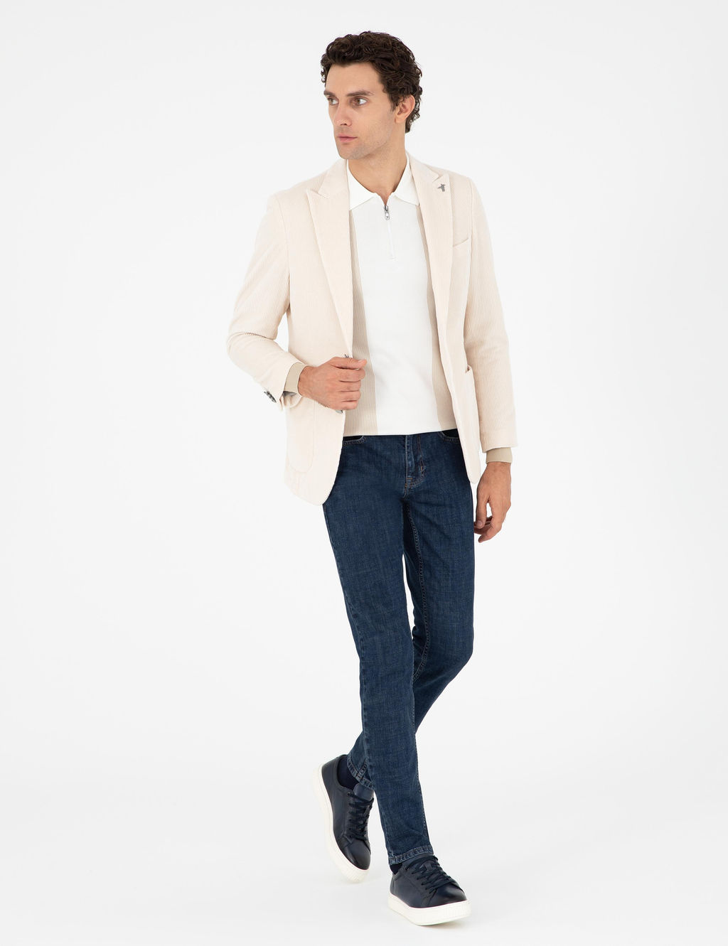 Ekru Slim Fit K_rlang__ Yaka Kadife Ceket