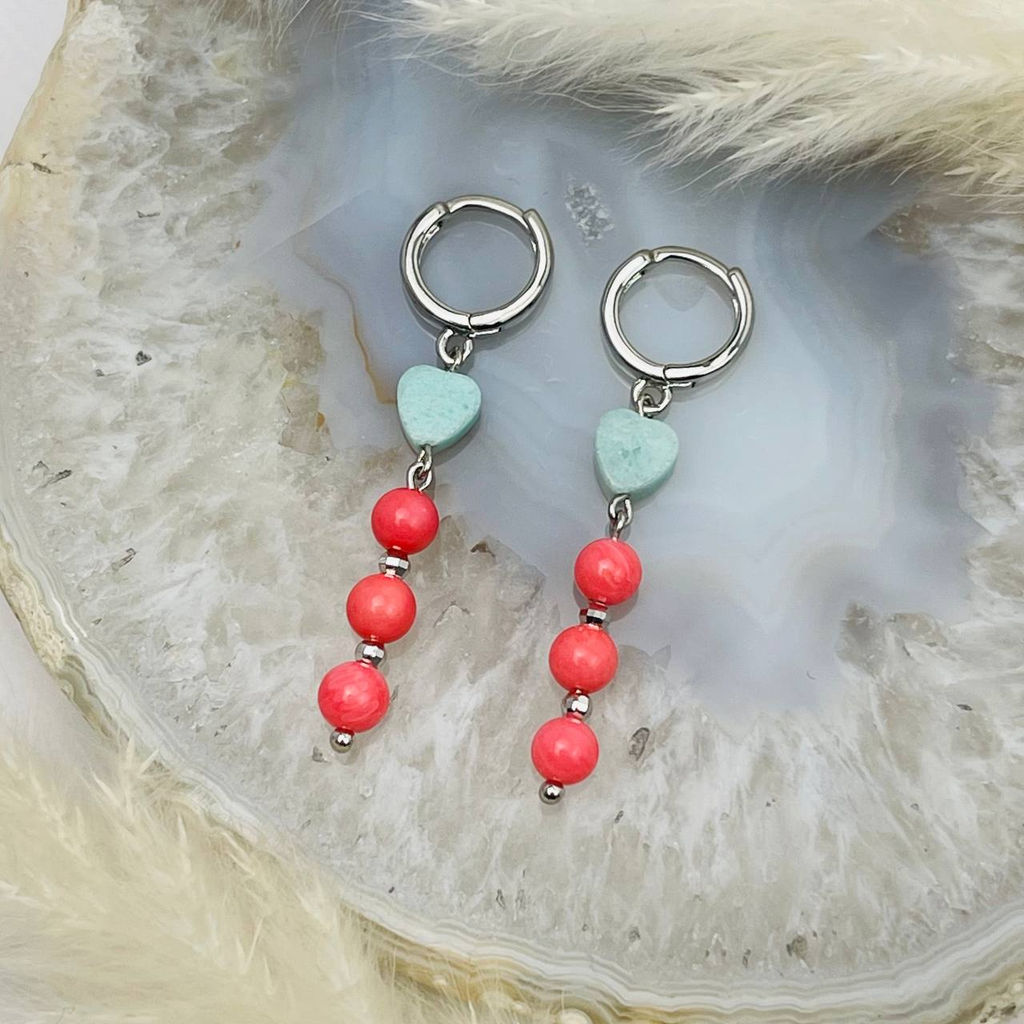 Серьги длинные из розового Коралла и Кварца