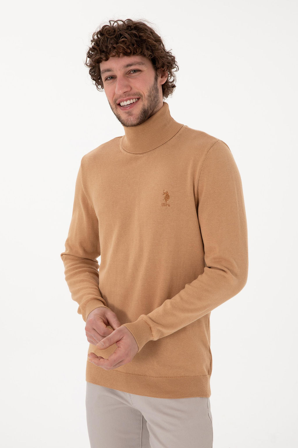 Erkek Slim Fit Bal_k__ Yaka Camel Melanj Basic Kazak - U.s. polo assn фото 3