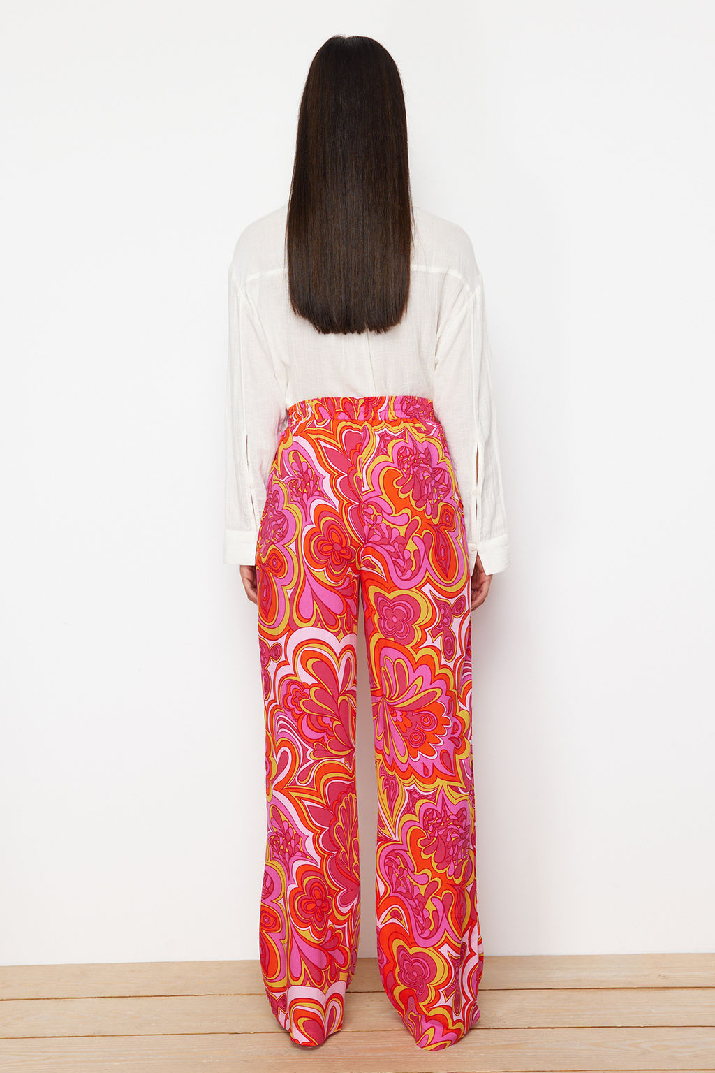 Pembe Beli Lastikli Baglama Detayl? Wide Leg/Genis Paca Desenli Dokuma Pantolon TWOSS24PL00159 - Trendyolmilla фото 6