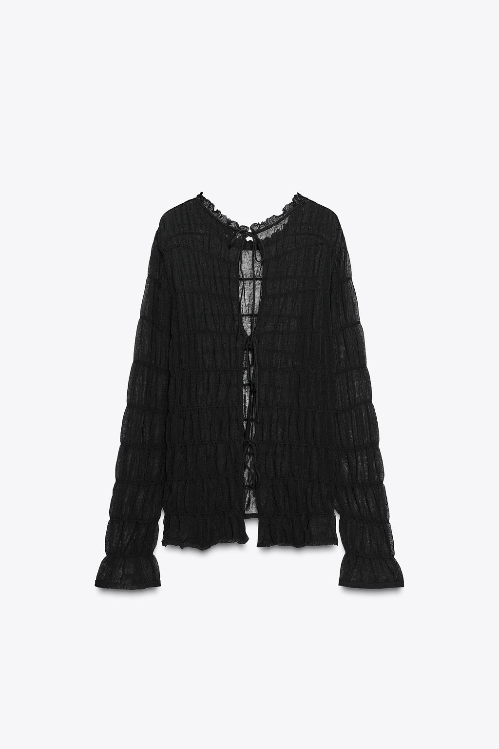 SEMI-SHEER KNIT BLOUSE WITH GATHERED DETAILS