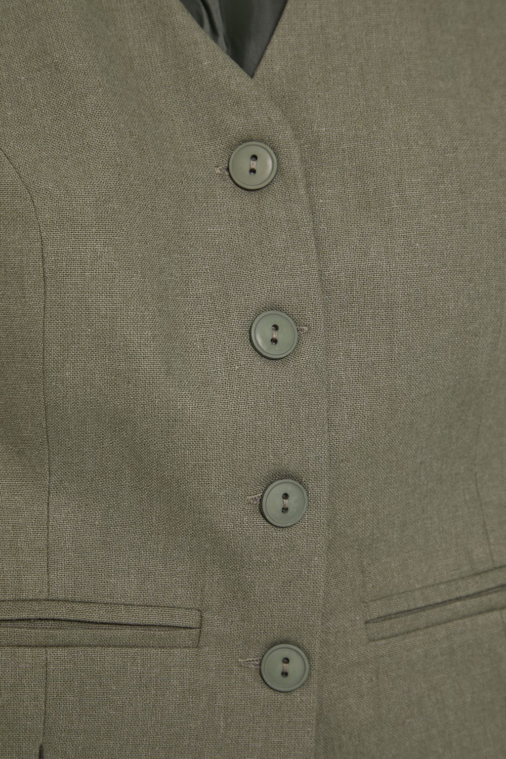 Ac?k Haki Fitted Keten Gorunumlu V Yaka Crop Dokuma Yelek TWOSS25YE00028