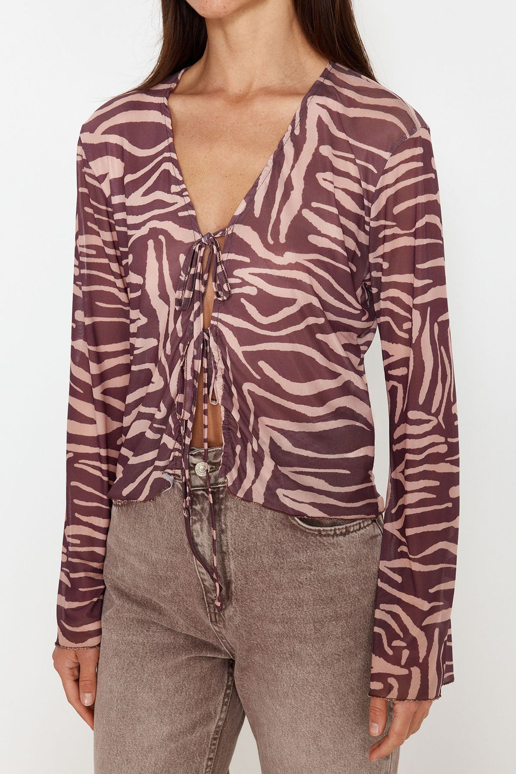 Trendyolmilla Siyah Desenli Baglama Detayl? Tul Esnek Orme Bluz TWOSS23BZ00139  фото 5