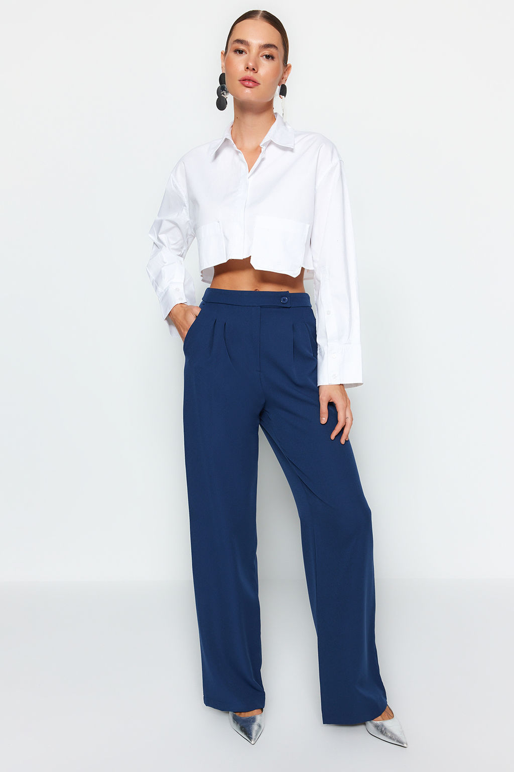 Lacivert Wide Leg Genis Paca Yuksek Bel Dokuma Kumas Pantolon TWOAW22PL0066