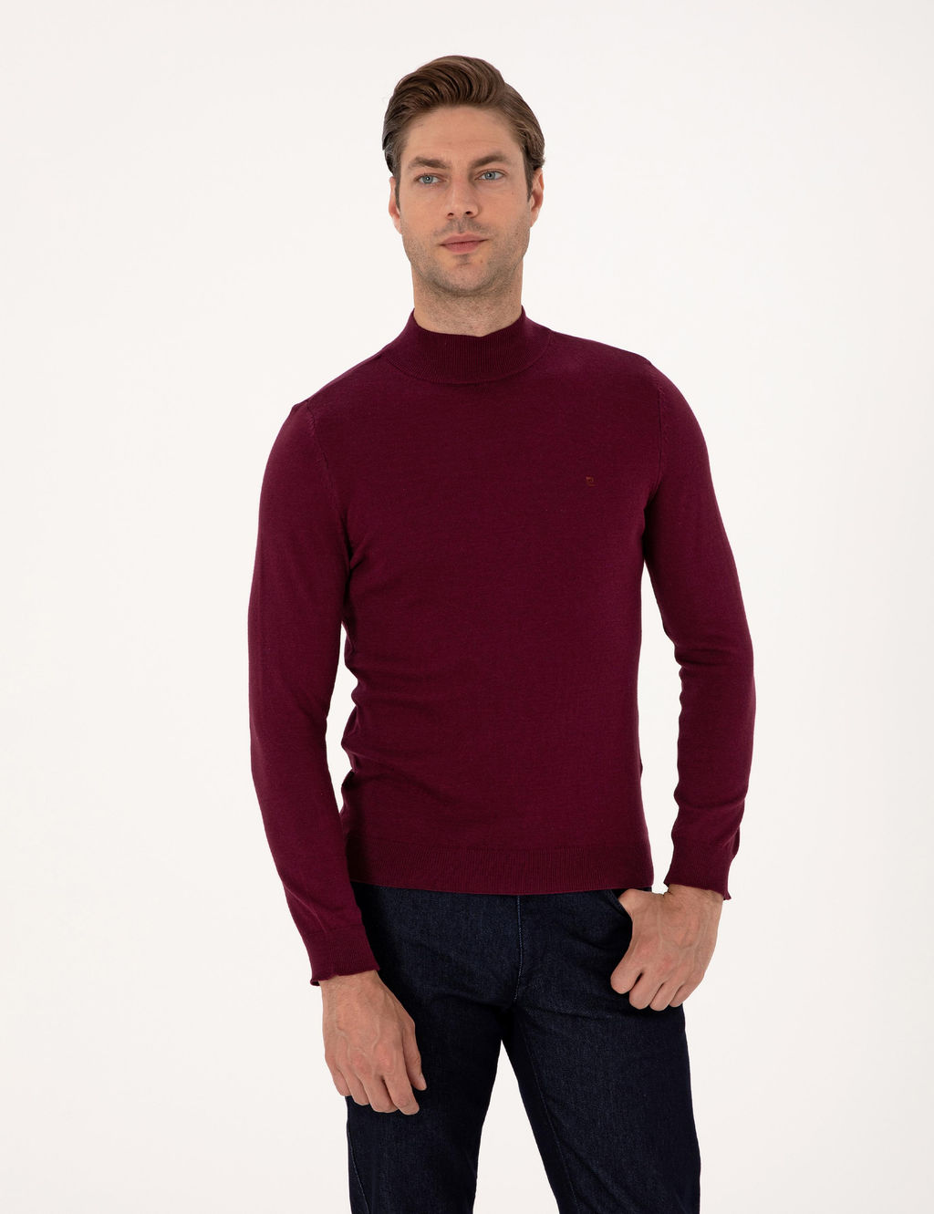 Bordo Slim Fit Yar_m Bal_k__ Yaka Basic Triko Kazak