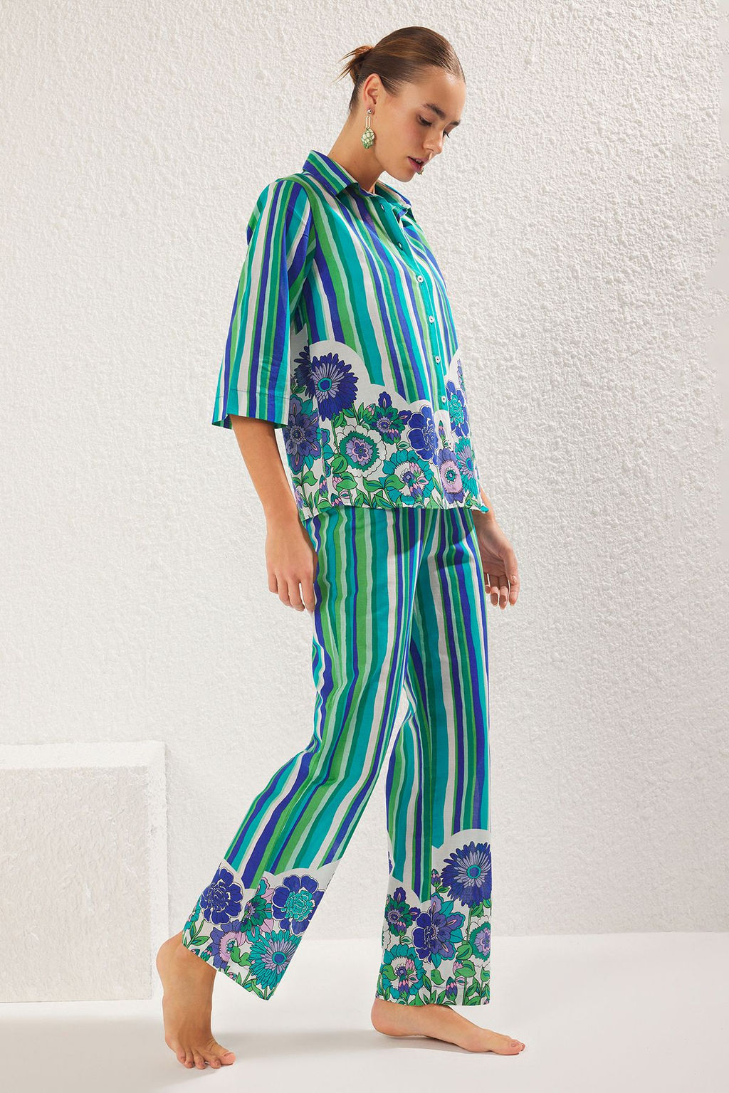 Cizgili Dokuma %100 Pamuk Plaj Gomlek-Pantolon Tak?m TBESS25AU00004 - Trendyolmilla фото 2