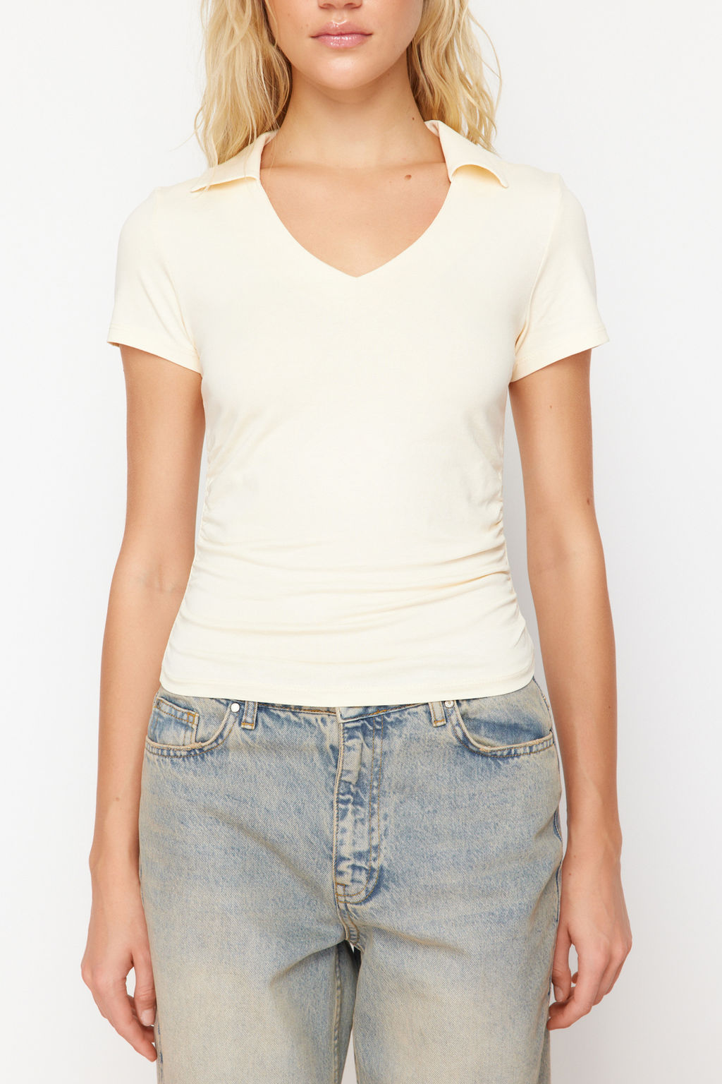 Ac?k Tas Regular/Normal Kal?p Polo Yaka K?sa Kollu Esnek Orme Bluz TWOSS24BZ00456 - Trendyolmilla фото 4