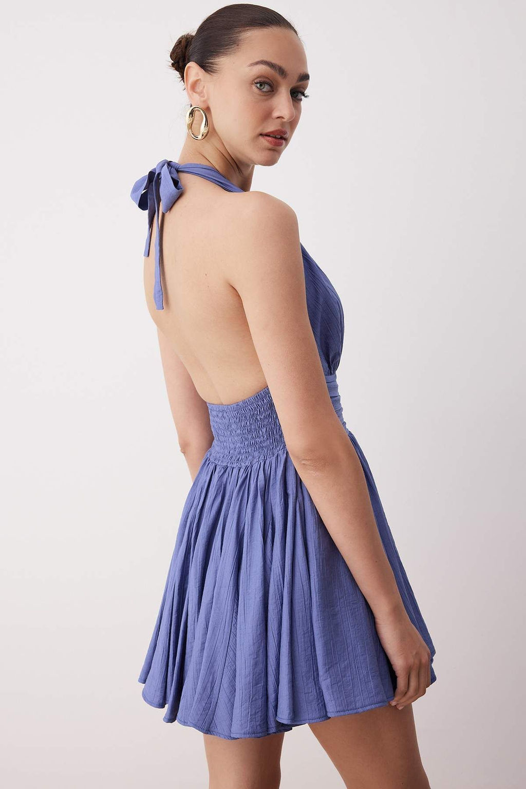 Mavi Belden Ac?lan/Skater Dusme Detayl? Sifon K?sa/Mini Elbise TPRSS25EL00319 - Trendyolmilla фото 10