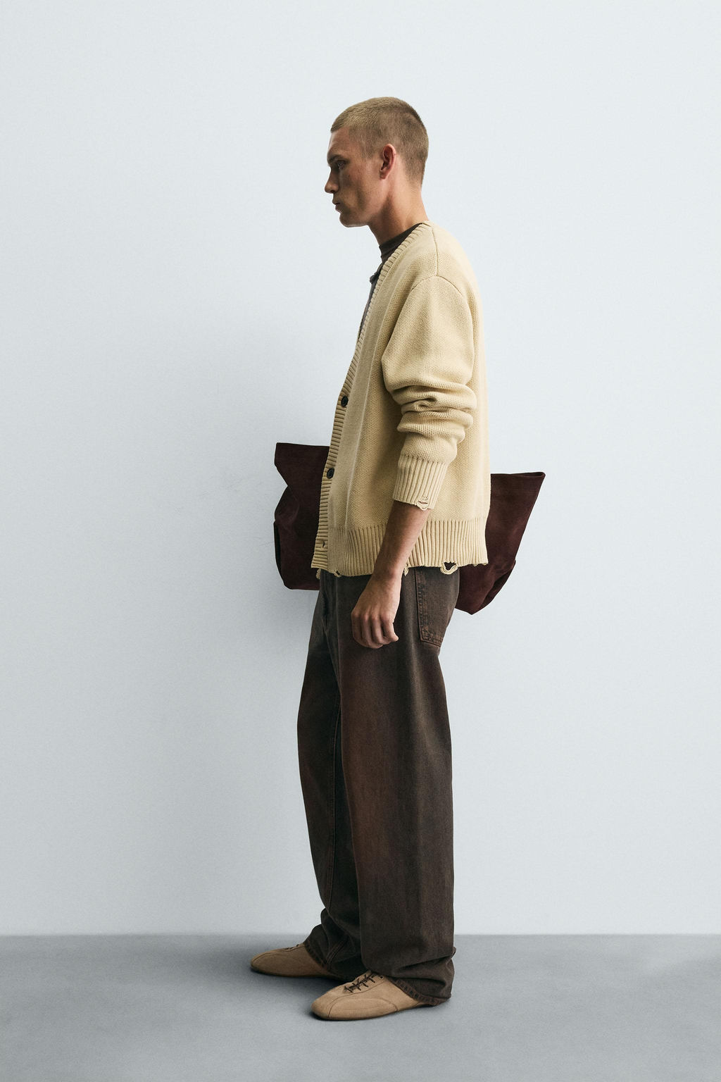 CARDIGAN WITH DISTRESSED RIBBED TRIMS