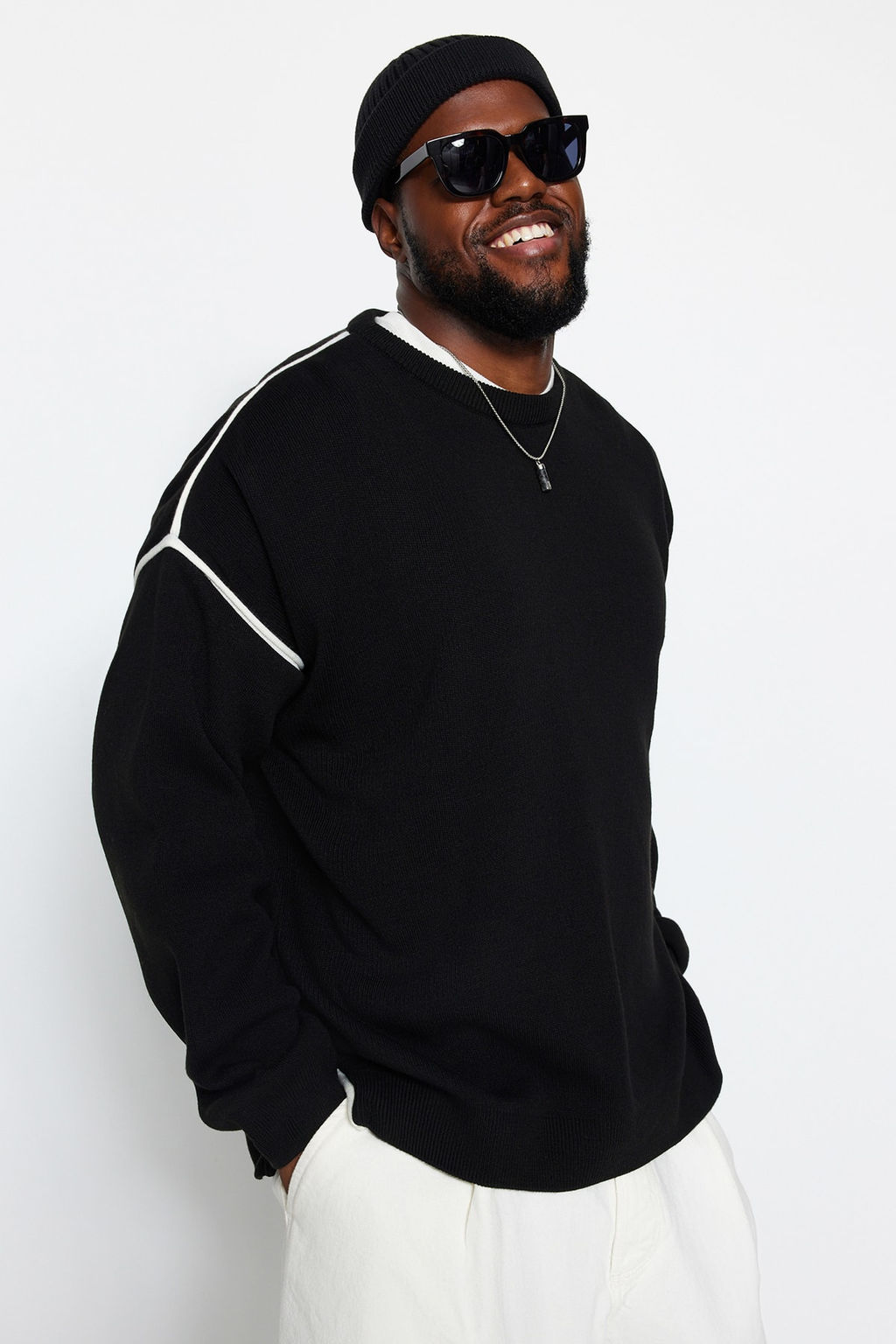 TRENDYOL MAN Siyah Buyuk Beden Oversize Fit Genis Kal?p Biye Detayl? Triko Kazak TMNAW24AN00000 - Trendyolmilla фото 7