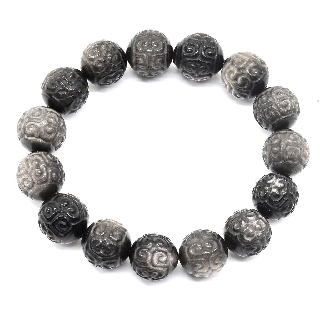 Браслет из Обсидиана шарик резной 13мм, 35г
