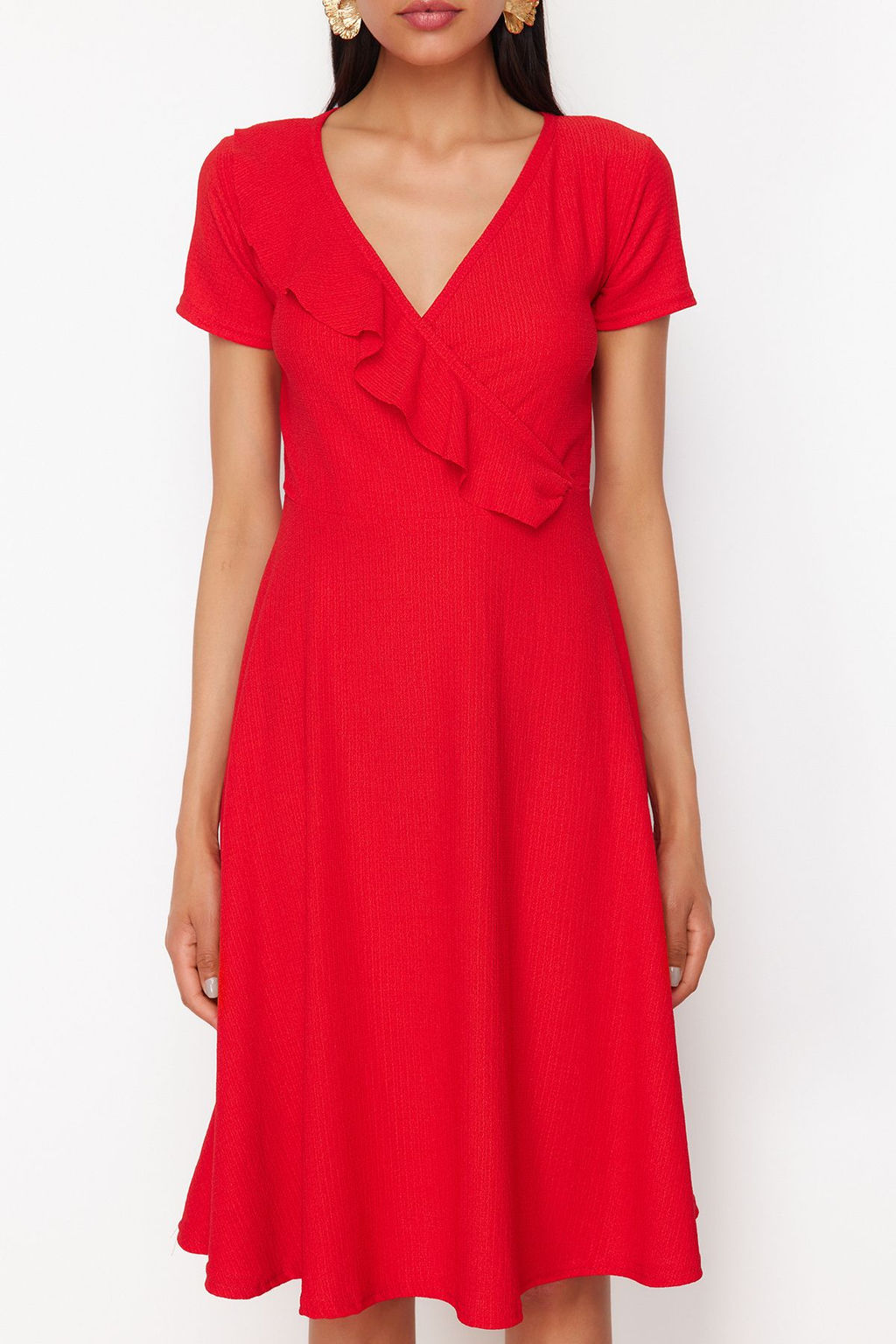 K?rm?z? F?rf?rl? Kruvaze Kapamal? Skater/Belden Ac?lan Esnek Midi Orme Elbise TWOSS24EL01068