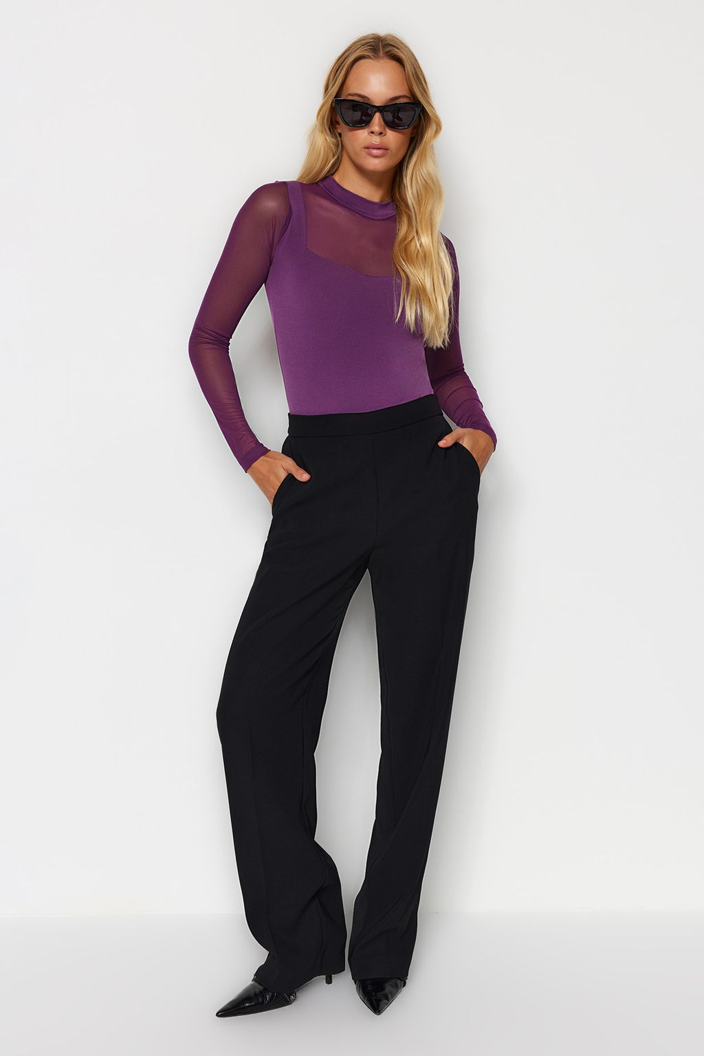 TRENDYOLMILLA Siyah Slim Tul Detayl? Uzun Kollu Dik Yaka Alttan C?tc?tl?Esnek Orme Body TWOAW24BD00049  фото 3
