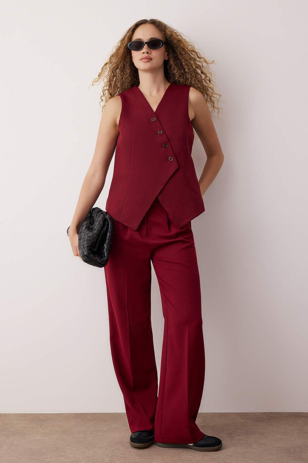 Bordo Regular Dugmeli Dokuma Yelek TWOSS24YE00007
