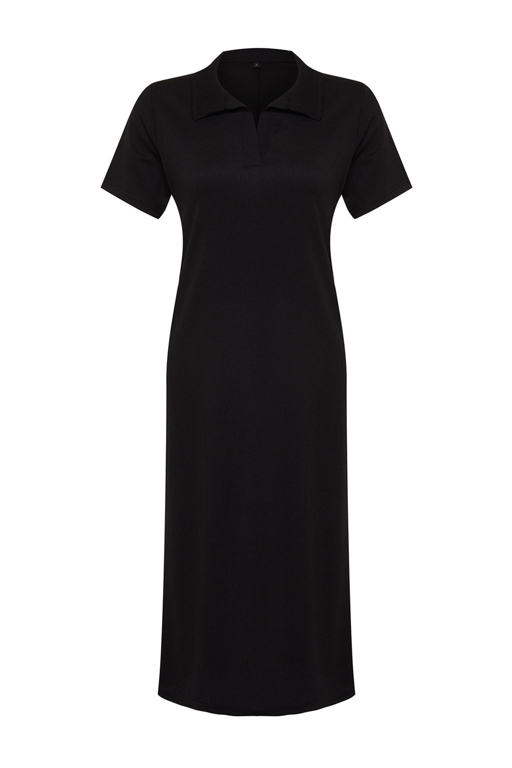 Siyah Polo Yaka K?sa Kol Midi Burumcuk/Dokulu Orme Elbise TWOSS24EL00478