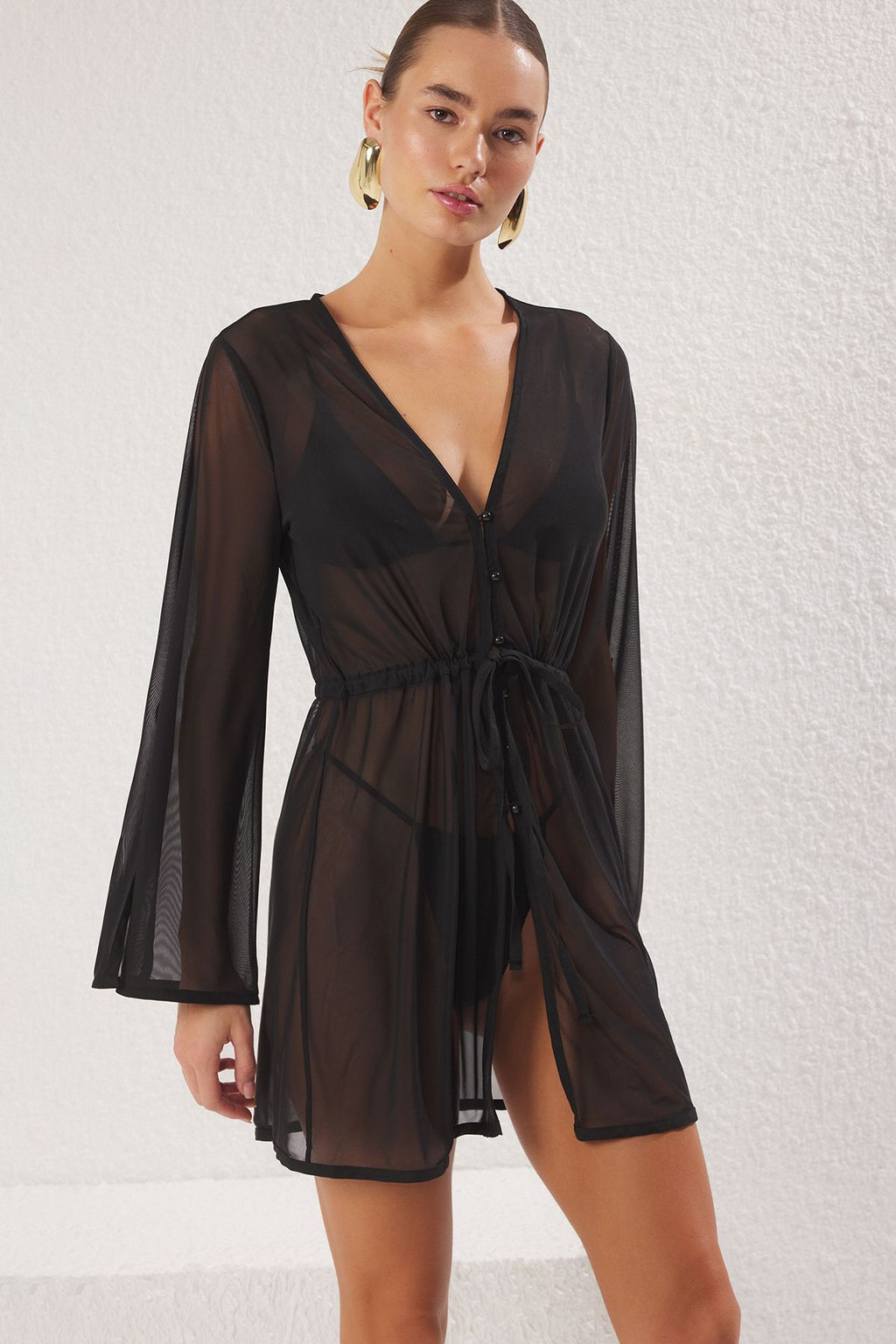 Siyah Mini Dokuma Kusakl? Transparan Plaj Kimono&Kaftan TBESS25KM00006