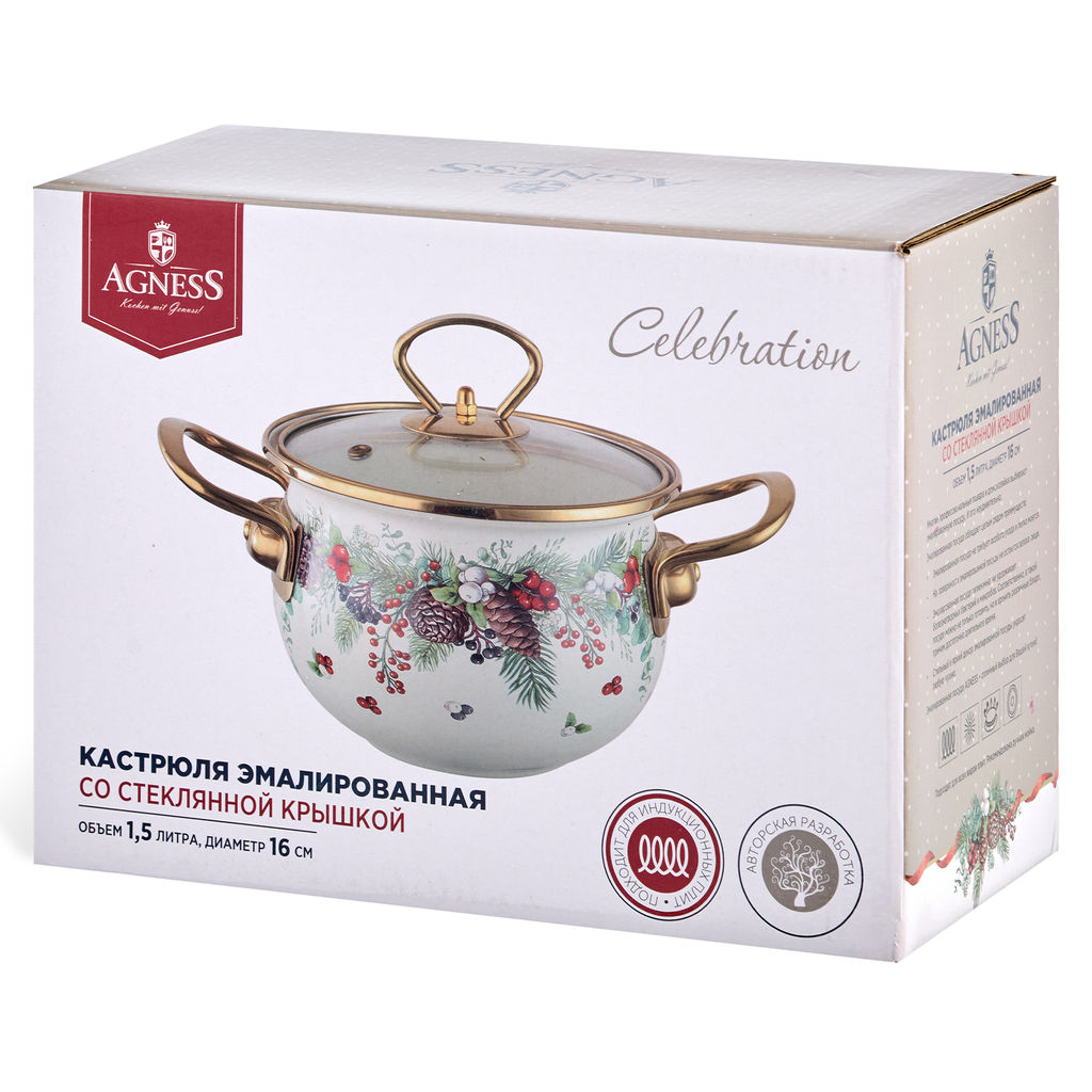 КАСТРЮЛЯ ЭМАЛИРОВАННАЯ AGNESS СО СТЕКЛЯННОЙ КРЫШКОЙ СЕРИЯ CELEBRATION, 1.5 Л, 16*10 СМ фото 2