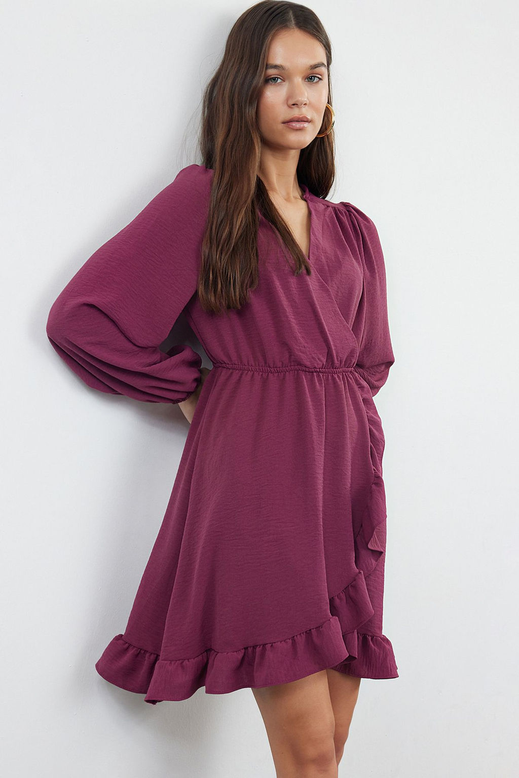 Mor Beli Lastikli Volanl? Mini Dokuma Elbise TWOAW24EL00249 - Trendyolmilla фото 2