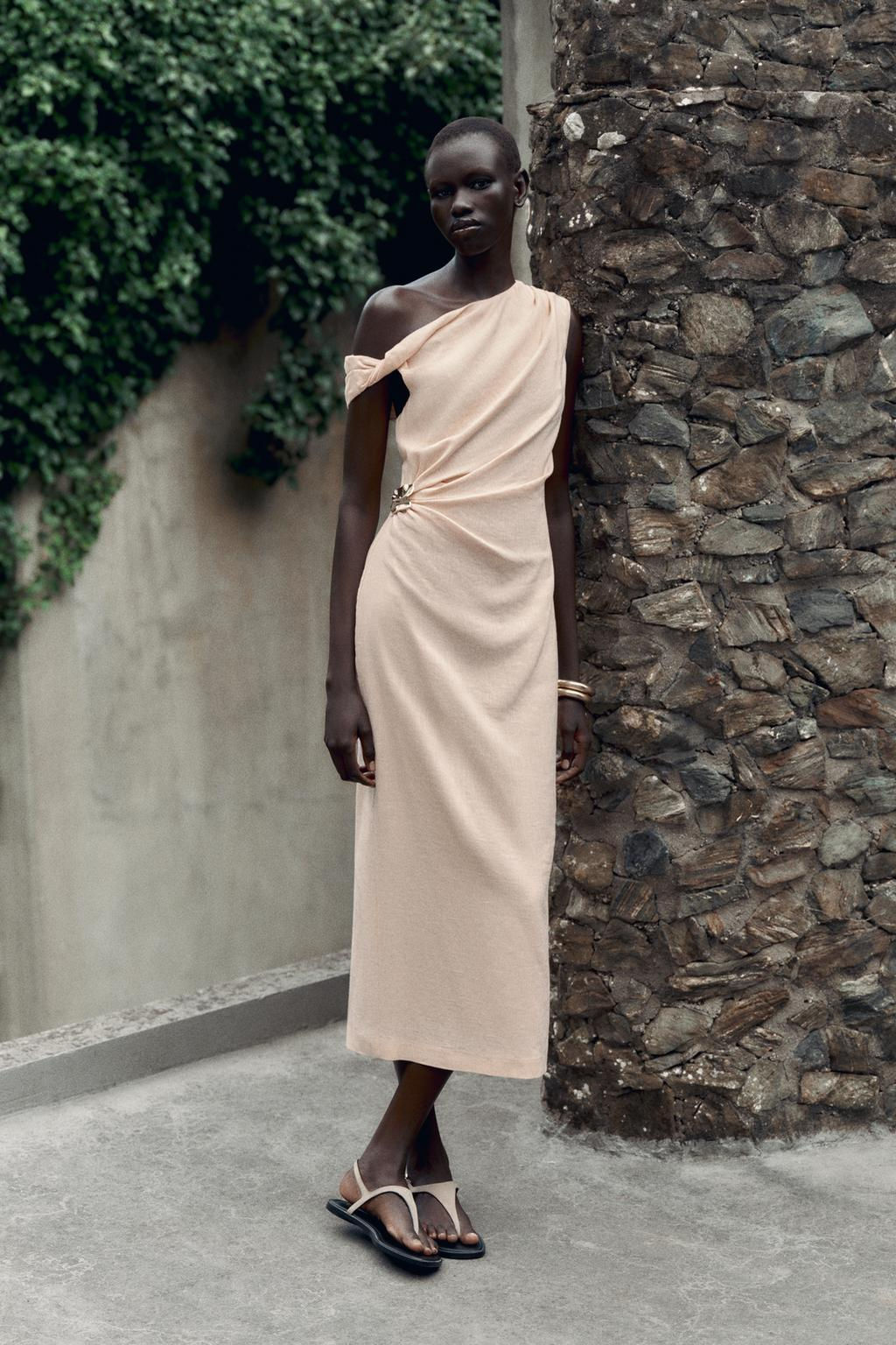 ASYMMETRIC MIDI DRESS WITH LINEN BLEND APPLIQUE - Zara фото 4
