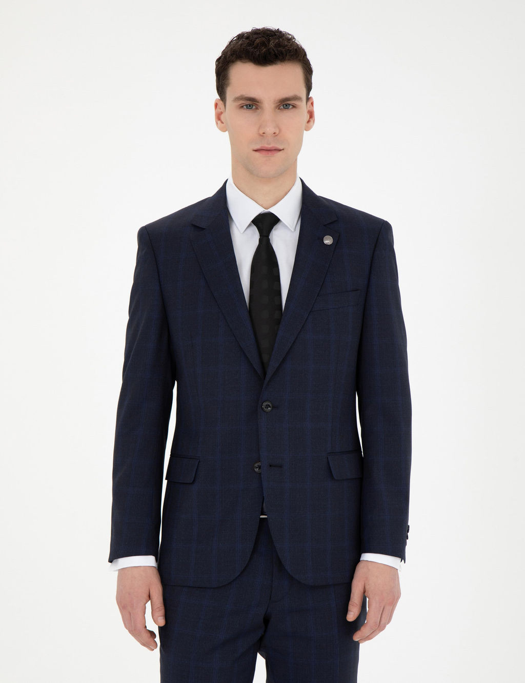 Lacivert Slim Fit %100 Y_n Ekose Tak_m Elbise