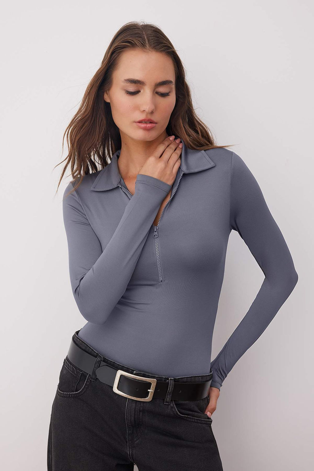 Antrasit Fermuar Yaka Detayl? C?tc?tl? Esnek Orme Body TWOAW24BD00005