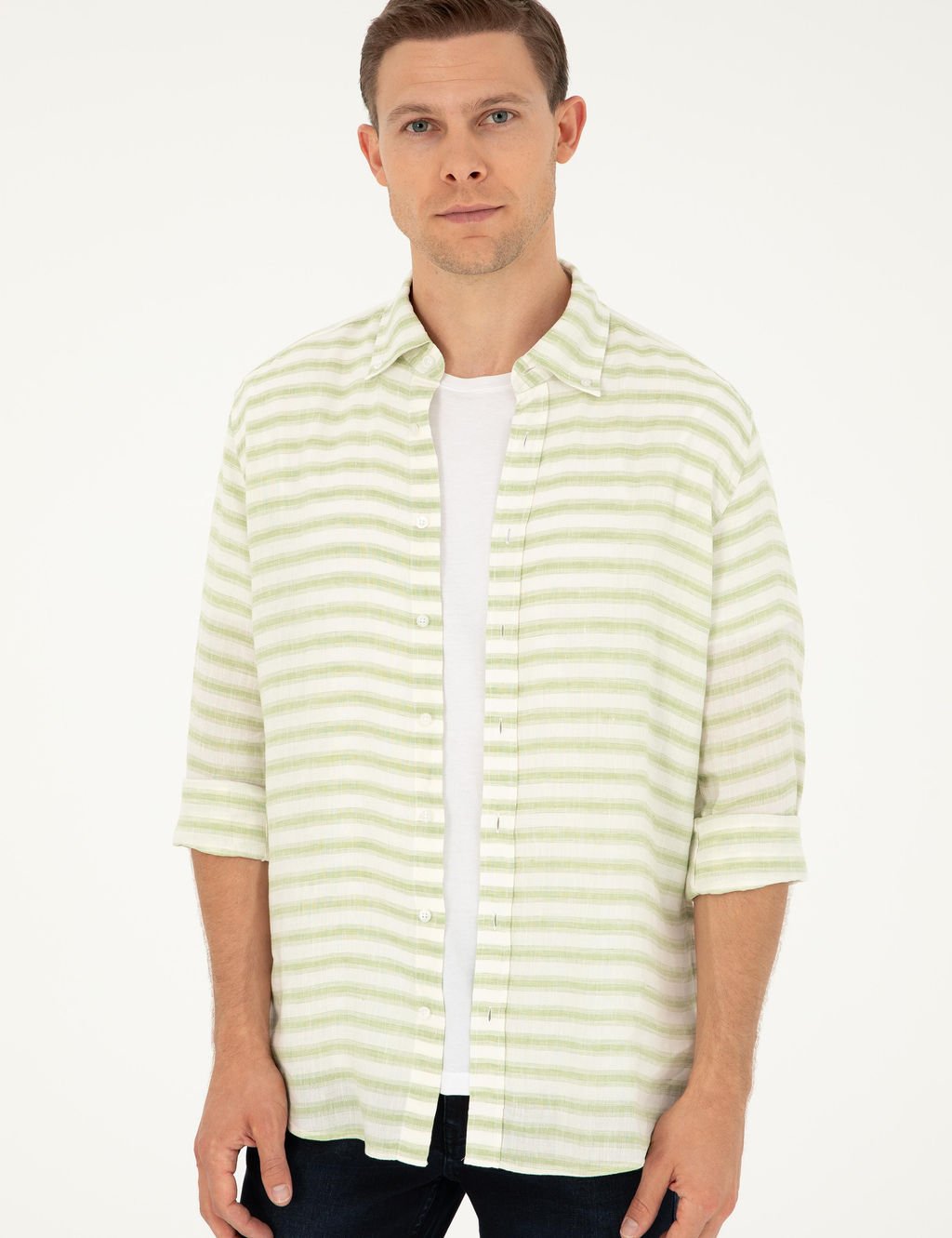 Ye_il Keten Kar___ml_ Slim Fit Uzun Kollu G_mlek