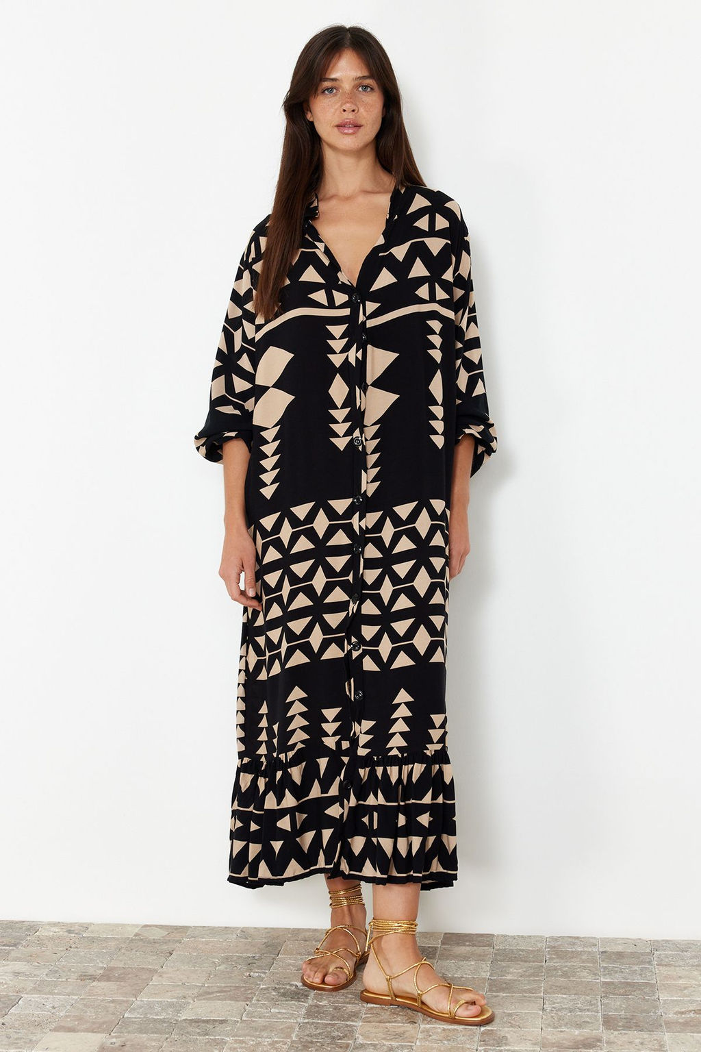 TRENDYOLMILLA Mavi Bask?l? Midi Genis Kseim Bordur Desen Detayl? Dokuma Elbise Dokuma Elbise TWOSS24EL01019 фото 2