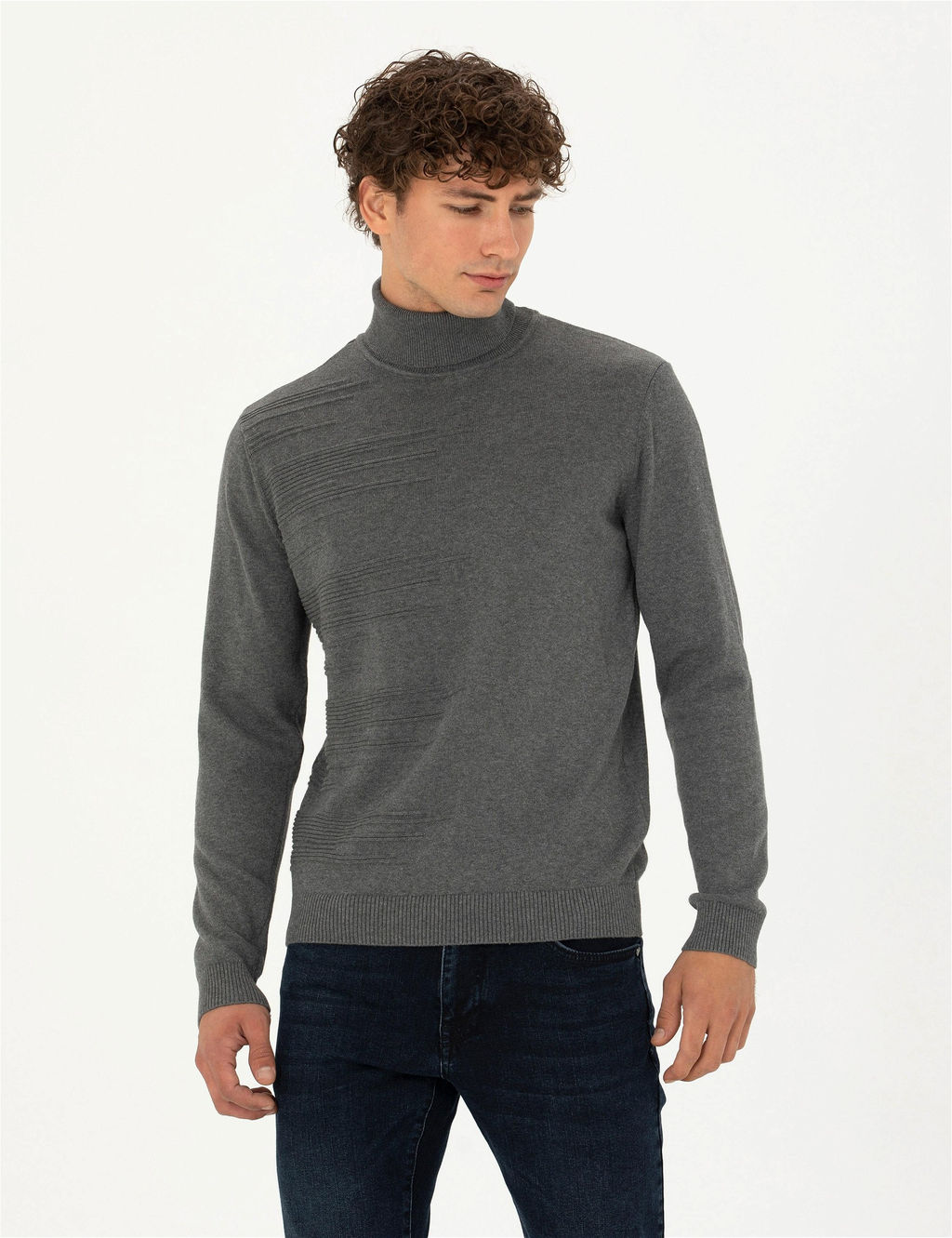 Gri Melanj Slim Fit Bal_k__ Yaka Triko Kazak