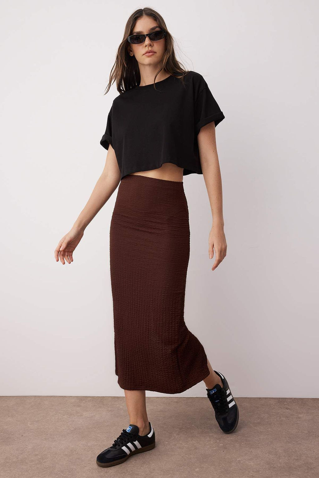 Kahverengi Dokulu Y?rtmacl? Midi Esnek Orme Etek TWOSS25ET00213