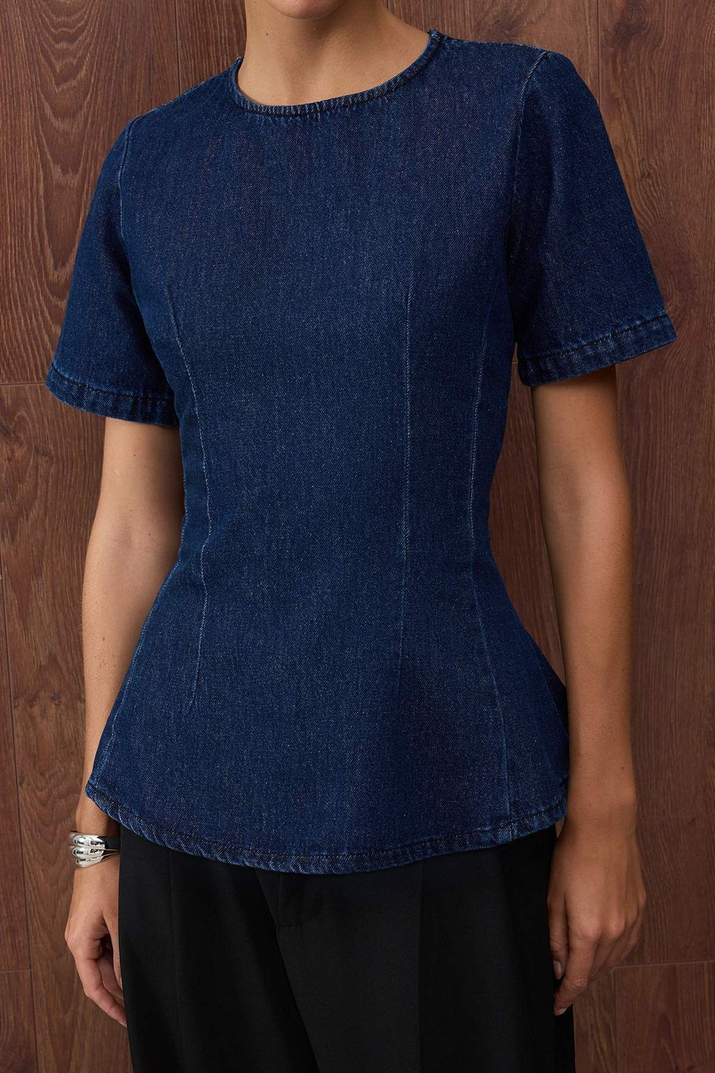 Ozel Koleksiyon Koyu Mavi K?sa Kollu Volanl? Denim Bluz TWOAW26BZ00050 - Trendyolmilla фото 5