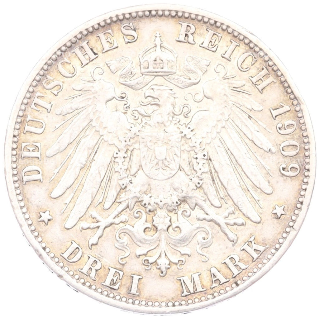 Монета 3 марки 1909 года F Германия (Вюртемберг)