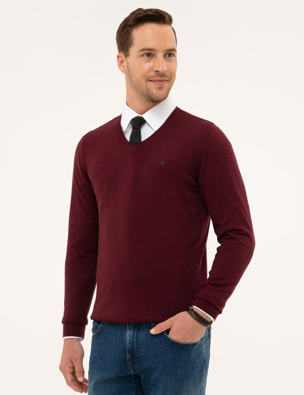 Bordo Slim Fit V Yaka Basic Triko Kazak