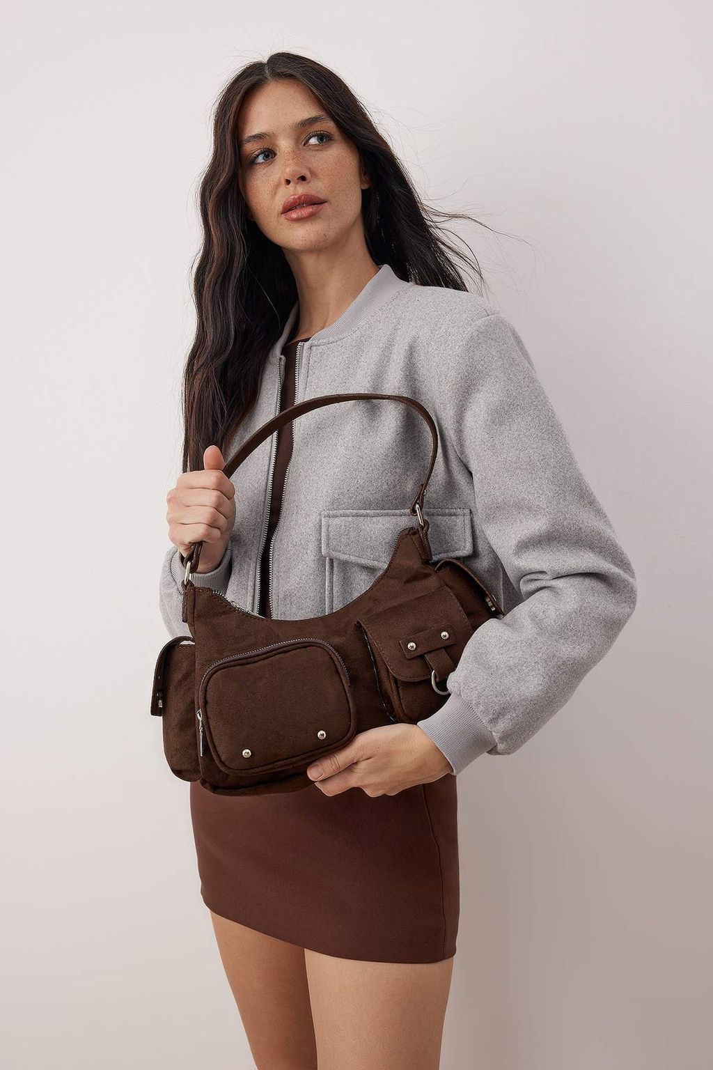 Kahverengi Suet Cep Detayl? Kad?n Omuz Cantas? TAKAW26OC00057