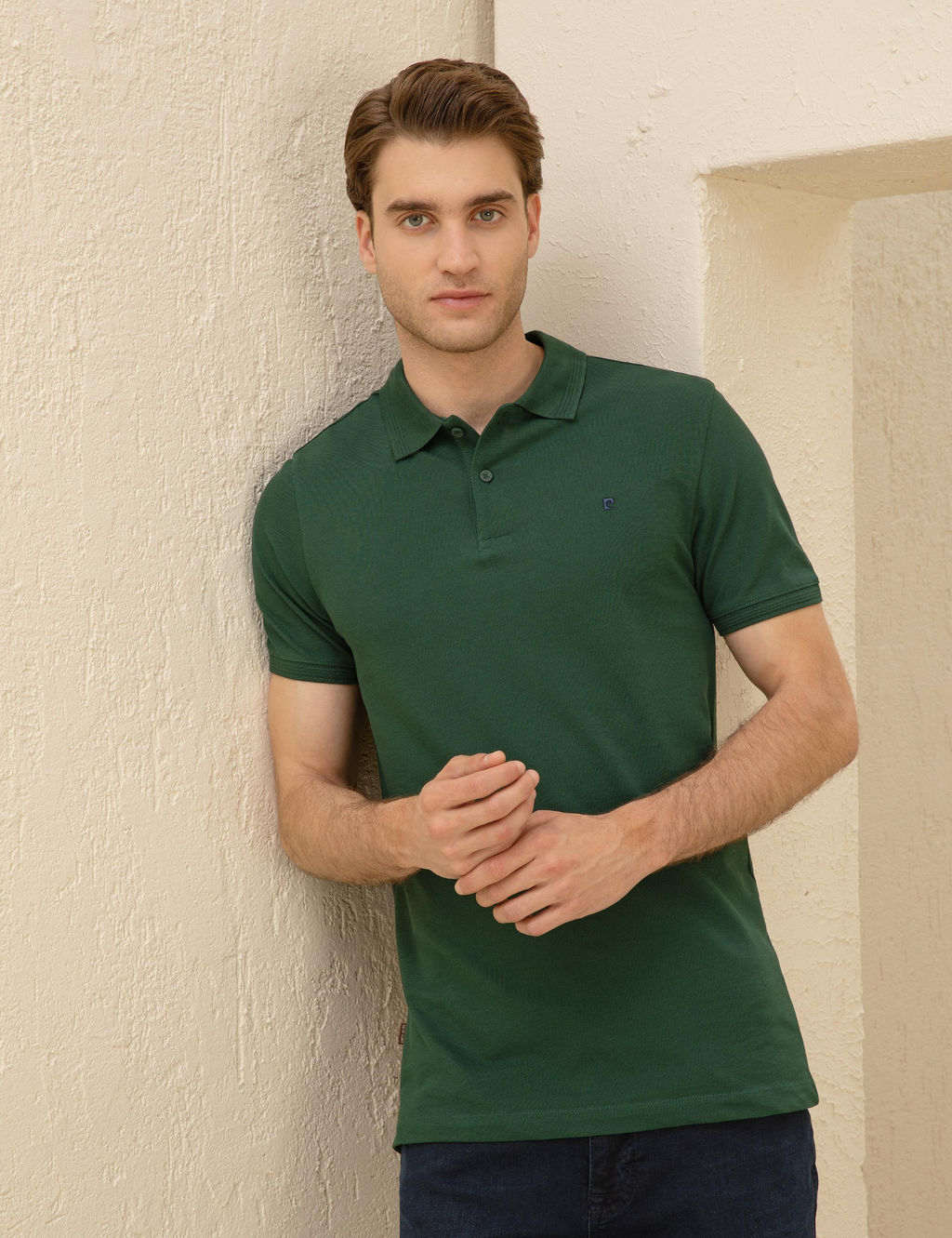 Koyu Ye_il Slim Fit %100 Pamuk Polo Yaka Basic Ti__rt