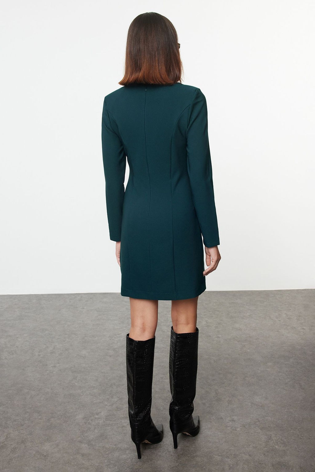 Petrol Duz Duz Kesim Dugme Detayl? Bisiklet Yaka Mini Dokuma Elbise TWOAW24EL00410