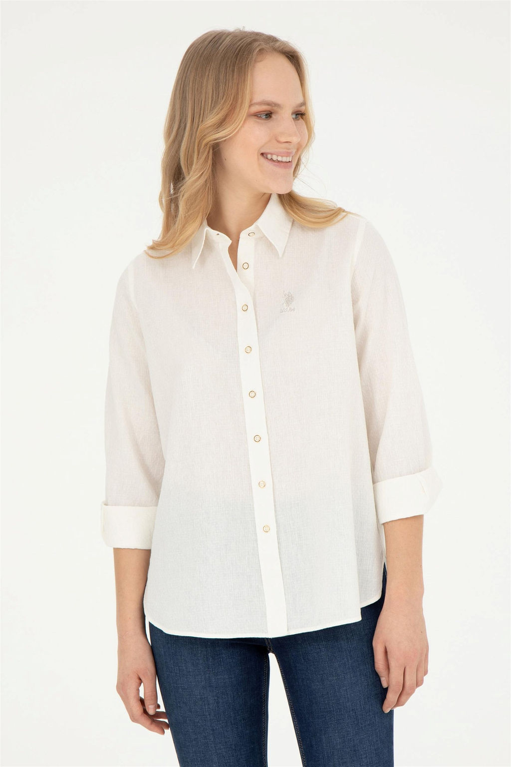 Женская рубашка с длинным рукавом цвета экрю - U.s. polo assn фото 3