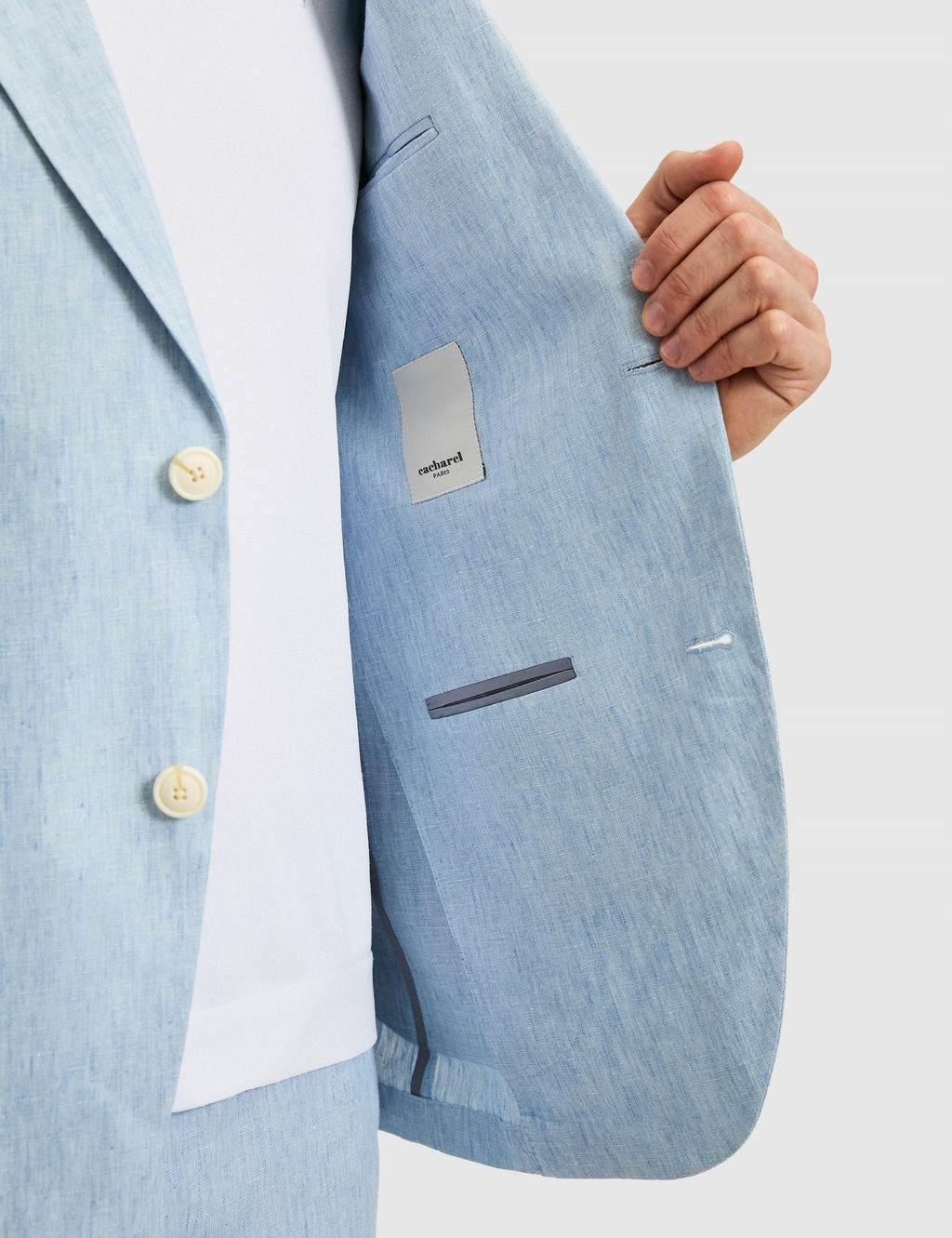 A__k Mavi Slim Fit %100 Keten Mikro Desen Mono Yaka Ceket