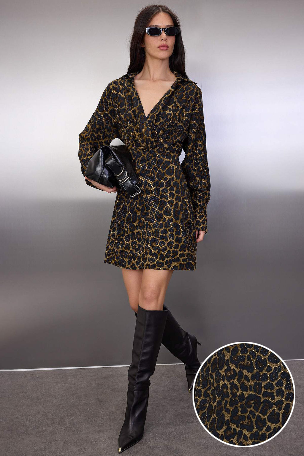 Kahverengi Animal Desenli Kruvaze Yaka K?sa / Mini Dokuma Elbise TWOAW26EL00343 - Trendyolmilla фото 5