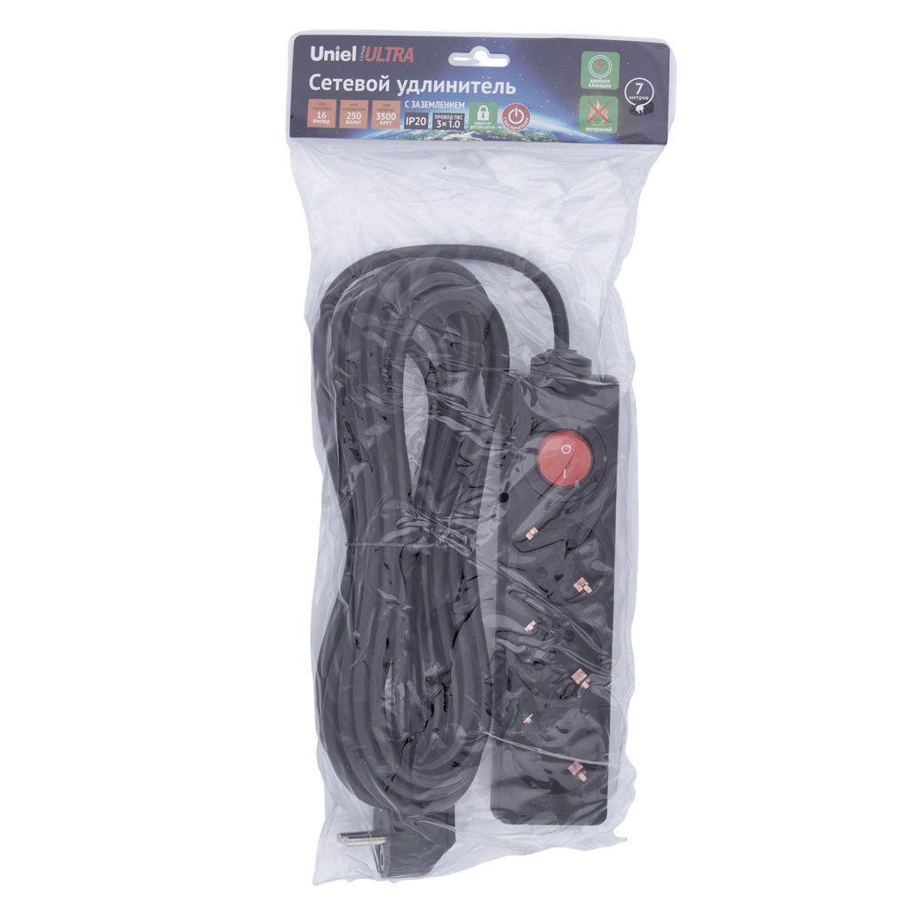 S-GCU3-7B BLACK Удлинитель серии Ultra, шнур 7м., 3 гнезда, 16A, с/з. Черный. TM Uniel