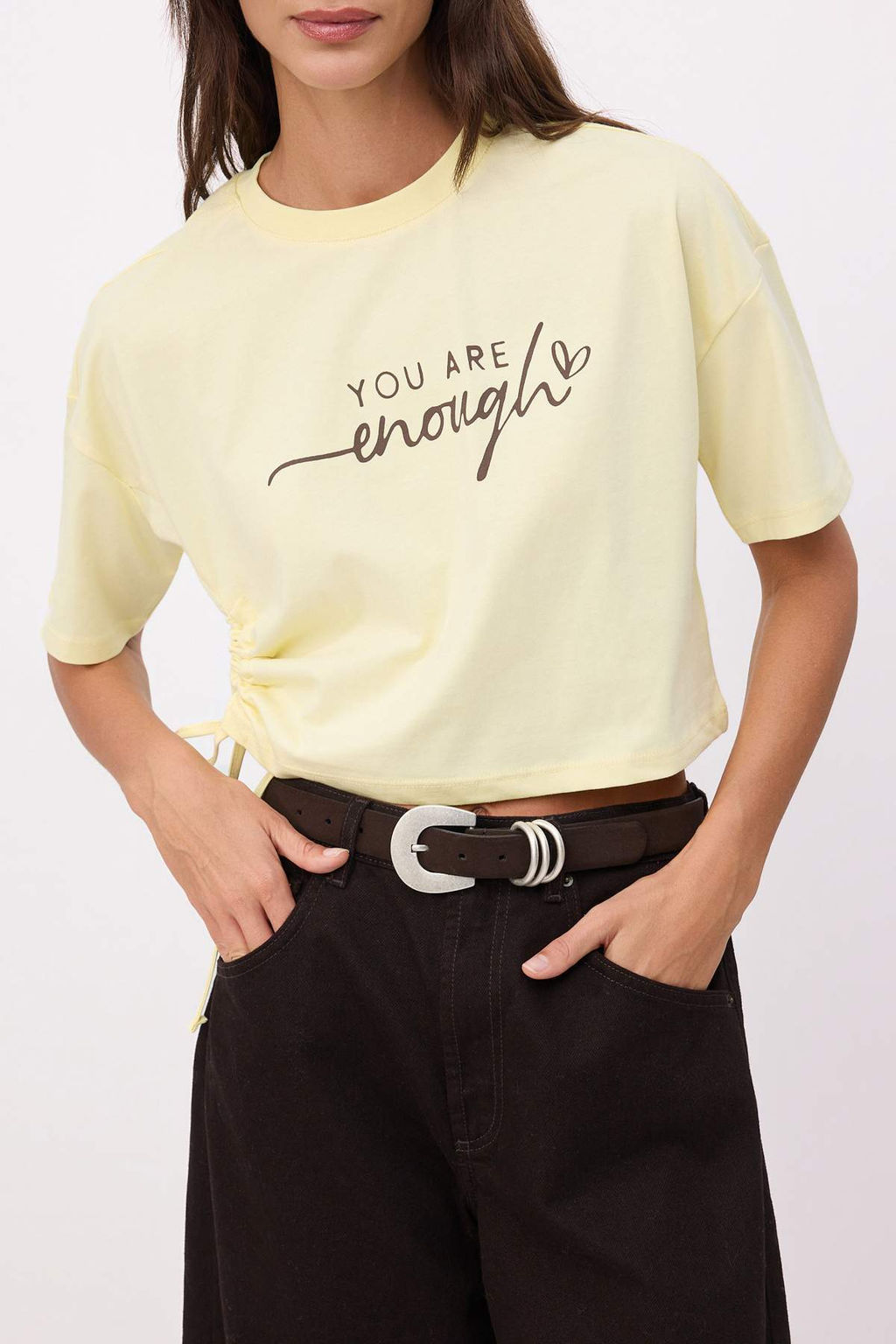 Ac?k Sar? Slogan Boxy Dusuk Kol K?sa Kollu %100 Pamuk Orme T-Shirt TWOSS26TS00189 - Trendyolmilla фото 3