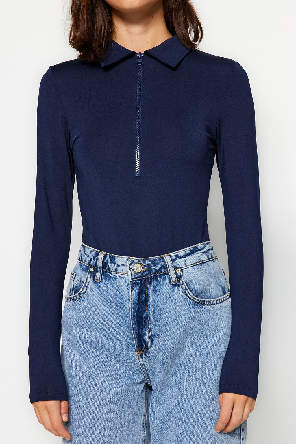 Lacivert Fermuar Yaka Detayl? C?tc?tl? Esnek Orme Body TWOAW24BD00005