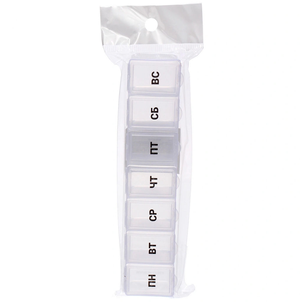 Цена за 10 шт. Таблетница - органайзер 7 ячеек "Неделька", цвет голубой, розовый и прозрачный, 15*3*2см (пакет с подвесом)