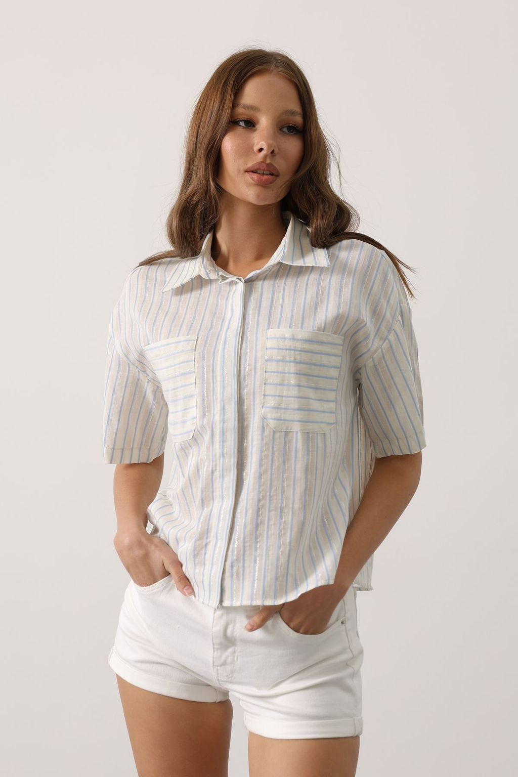 Ekru Yumusak Tuseli Cizgili K?sa Kollu Gomlek TWOAW26GO00076 - Trendyolmilla фото 8