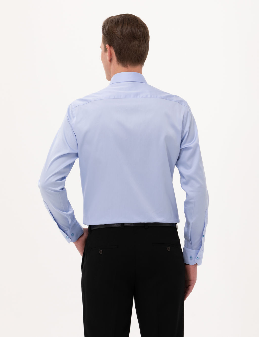 Koyu Mavi %100 Pamuk Parlak Saten Slim Fit Uzun Kollu Basic G_mlek
