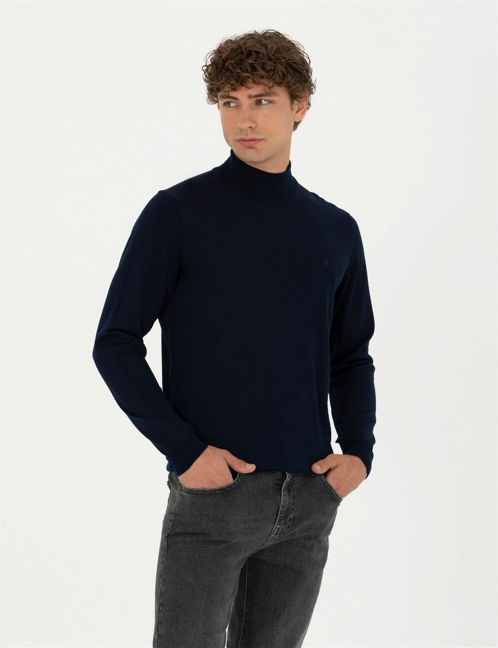 Lacivert Slim Fit Yar_m Bal_k__ Yaka Y_n Kar___ml_ Basic Triko Kazak