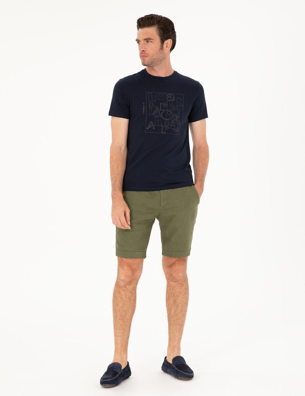 Льняные шорты стандартного кроя цвета хаки с эластичной резинкой на талии - Cacharel фото 3