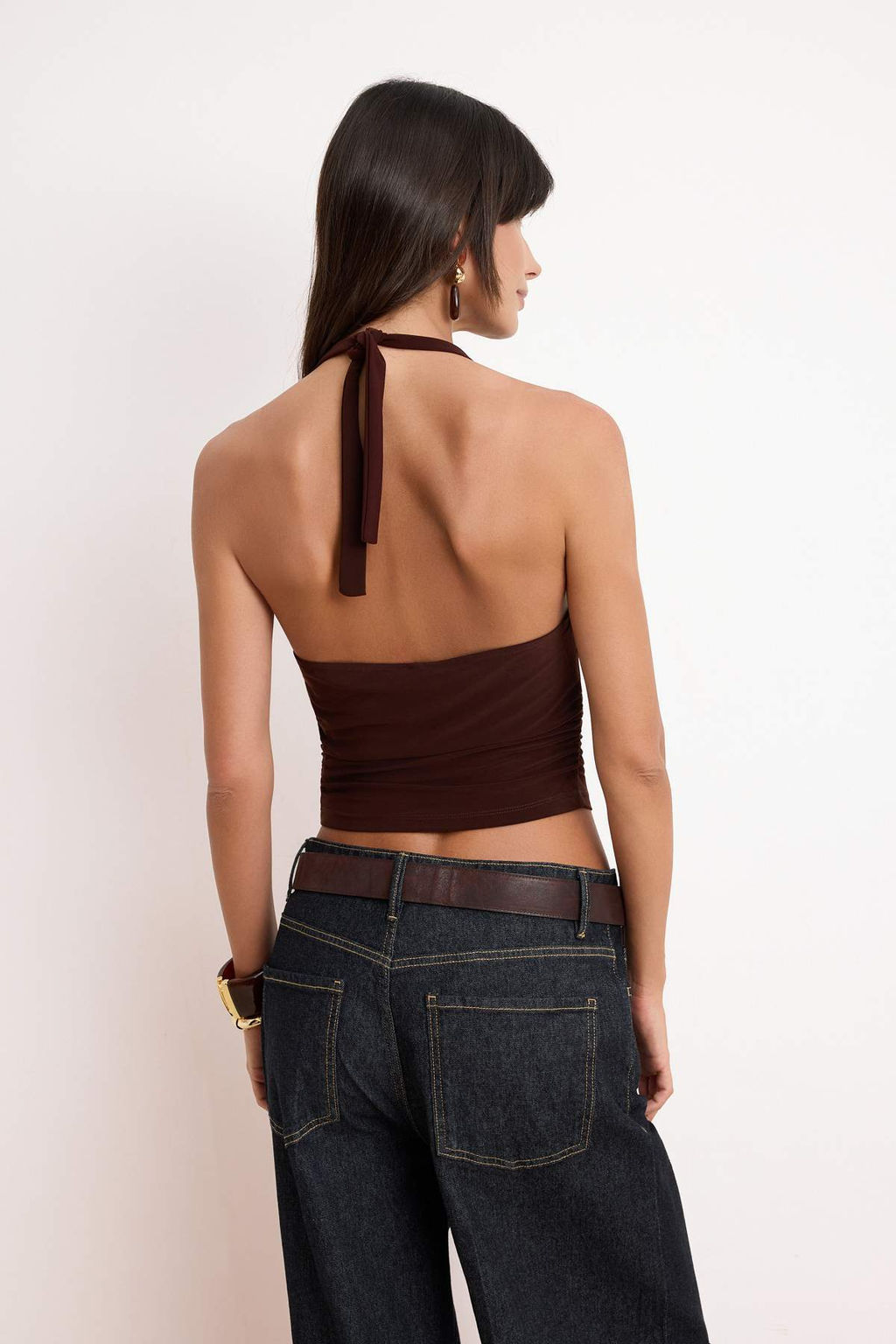 Kahverengi Boyundan Baglamal? Vucuda Oturan Crop Esnek Orme Bluz TWOSS24BZ00061