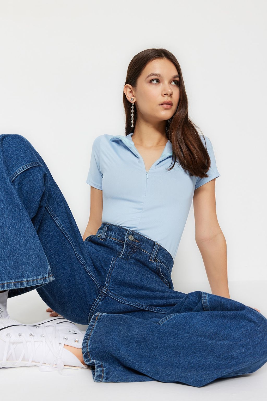 Mavi Fermuarl? Dik Yaka Fermuarl? K?sa Kollu Esnek C?tc?tl? Orme Body TWOAW21BD0009