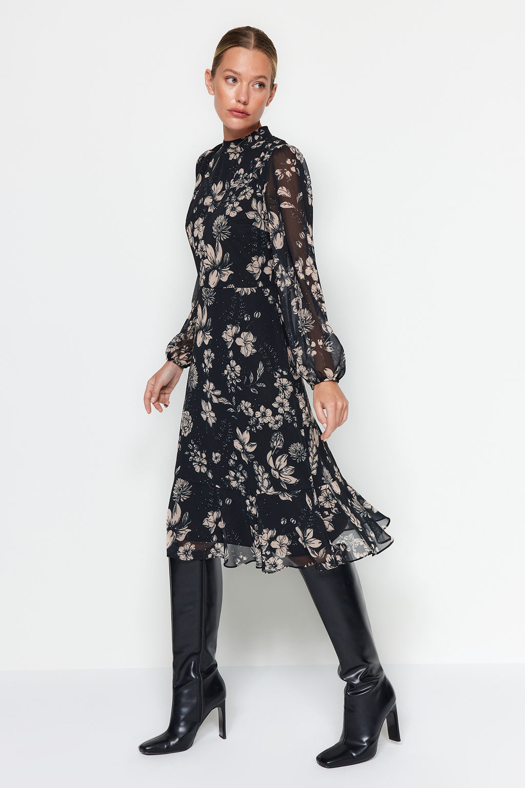 TRENDYOLMILLA Yesil Sal Desenli Volanl? Dokuma K?sl?k Elbise TWOAW23EL01436 фото 19