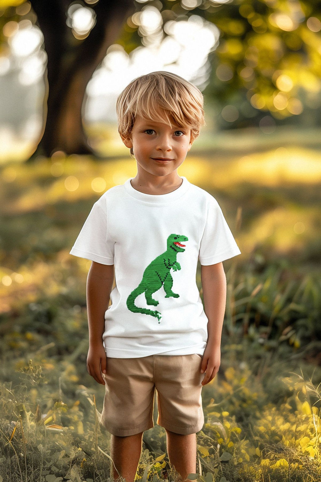 Beyaz Erkek Cocuk %100 Pamuk Dinozor Payetli Regular Kal?p K?sa Kol Orme T-Shirt TKDSS24TS00033